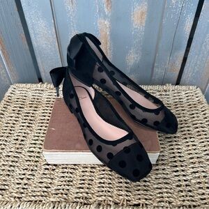 J. Crew Sally Polka Dot Mesh Bow Glitter Ballet Flat Black Sz 7 NWOB